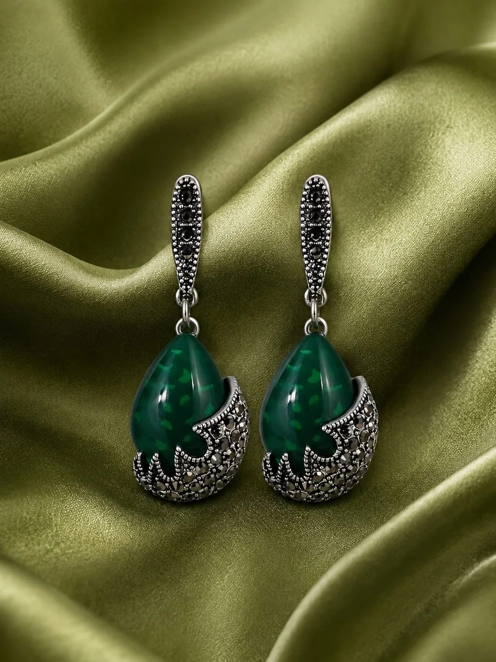 Green Teardrop Marcasite Dangle Earrings - Elegant Women Jewelry